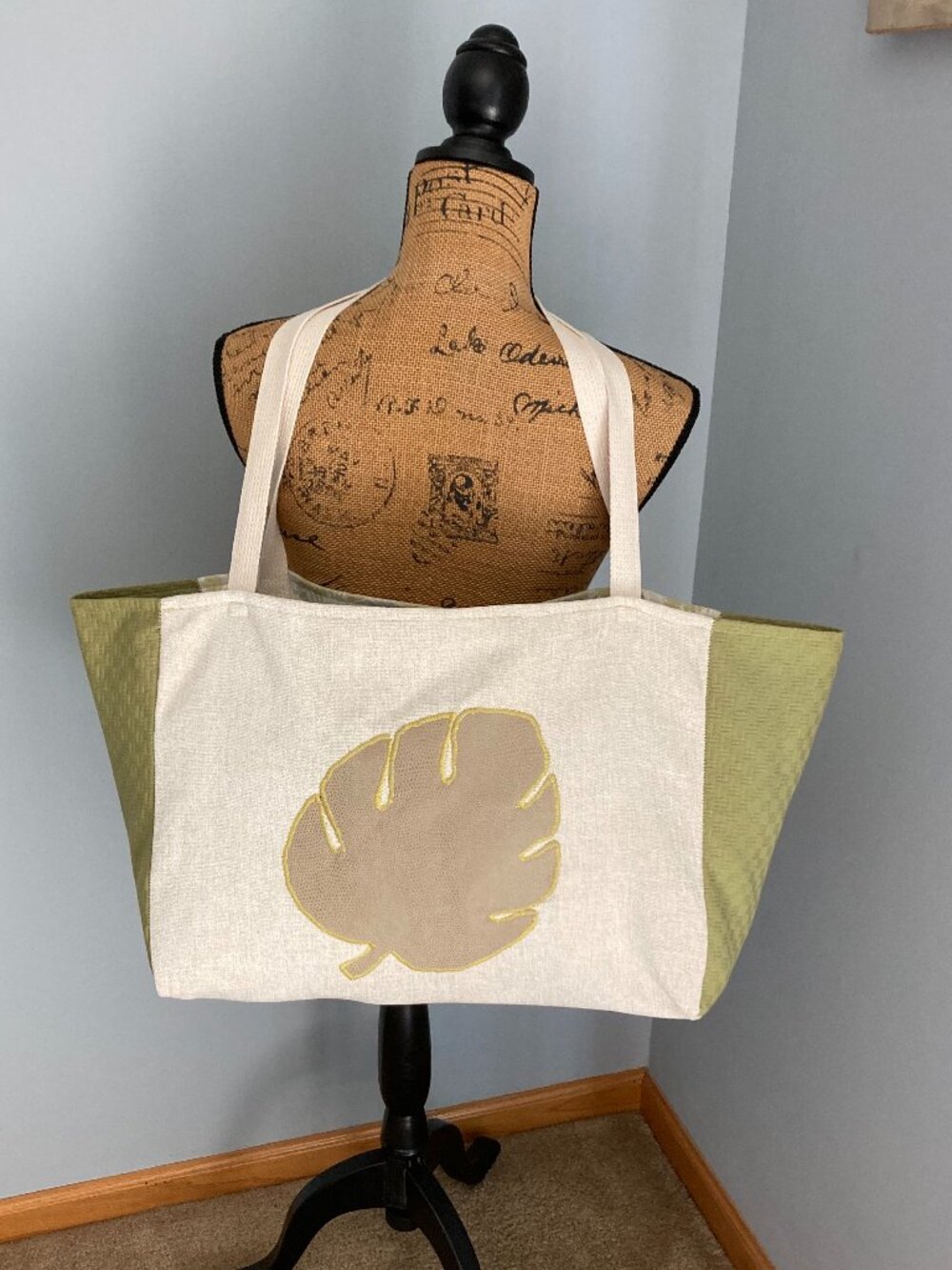 NWOT Handcrafted Fabric Tote Soft Green Leaves